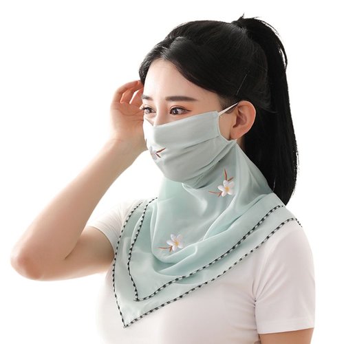 New Women Chiffon Gaiter Mask Bamboo Leaf Floral Embroidery Neck Scarf with ear loops, Green
