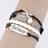 Brand new BELIEVE THEME ANGEL WING AND INFINITY SIGN PENDANTS B BRACELET Leather Braided Bracelet. Material: Alloy, PU Leather, Wax String. Size: Length is about 17cm-22cm
