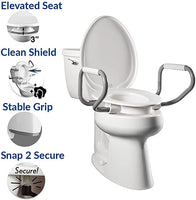 New in box! Bemis 7YE85310ARM New Larger Size Clean Shield 3" Raised Toilet Seat with Support Arms, Elongated, White! Retails $225+