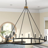 New in box! Wayfair Massive 4 Foot Diameter Laurel Foundry Modern Farmhouse Black & Brass 16 Light Candle Style Wagon Wheel Chandelier! Retails $740+
