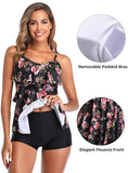 New Summer Mae Women 2 Piece Flounce Printed Top with Boyshorts Tankini Bathing Suit in Black Floral, Sz L!