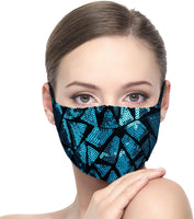 New Geometric Pattern Colour-Changing Magic Glitter Sequin Block Reusable Protective Fashion Face Mask with adjustable ear loops, Blue