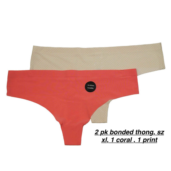 Brand new George women's invisible no show 2 pk bonded thong, Sz XL! Coral & print!