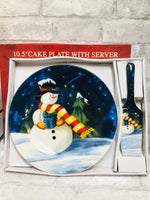 10.5" Christmas cake plate with server! Snowman print!