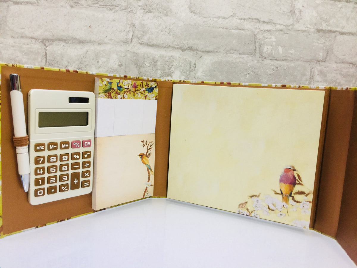 Calculator Sticky Note Folder All-In-One Calculator Desk Set-Bird Print- Sticky Note Pad (80 sheets ...