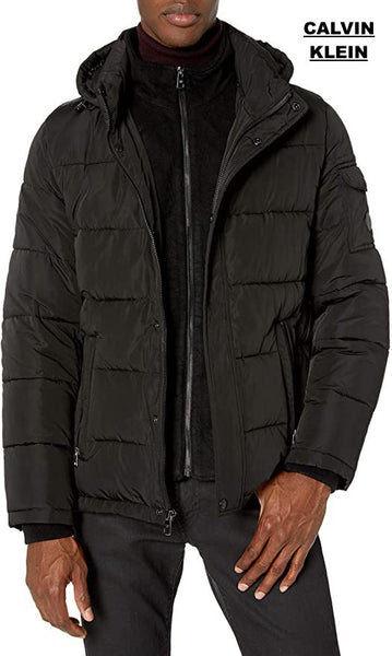 New with tags! Calvin Klein mens Alternative Down Puffer Jacket With Bib & Hood Windbreaker Jacket, Black, Sz M!