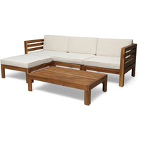 New Assembled Noble House Cambridge Outdoor 5-Pc Acacia Wood Sofa Set in Teak Finish with Beige Cushions! Note: Has 2 minor marks from transport on 1 back piece of wood shown in pics! Retails $1,358 w/tax!