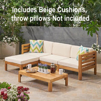 New Assembled Noble House Cambridge Outdoor 5-Pc Acacia Wood Sofa Set in Teak Finish with Beige Cushions! Note: Has 2 minor marks from transport on 1 back piece of wood shown in pics! Retails $1,358 w/tax!