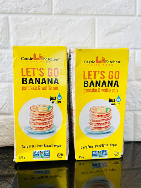 New 2 Packs Castle Kitchen Let's Go Banana pancake & Waffle mix! Vegan, Plant Based, Dairy Free, Non-GMO Project Verified, Kosher, Complete Mix, Just Add Water – 454gr, BB:2/23