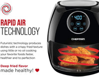 Item shows light use! Chefman Digital 6.5 Quart Air Fryer Oven with Space Saving Flat Basket, Oil-Free Airfryer W/ 60 Min Timer & Auto Shut Off! Includes box, manual & 14 Day Guarantee! Retails $130+