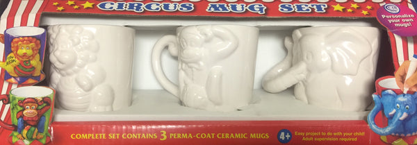 Set of 3 Circus Animal Themed Ceramic Mug DIY Set! NO Heating, Baking, Mixing Required! Use any Permanent Markers or Paint Markers to Design your very own Mug!