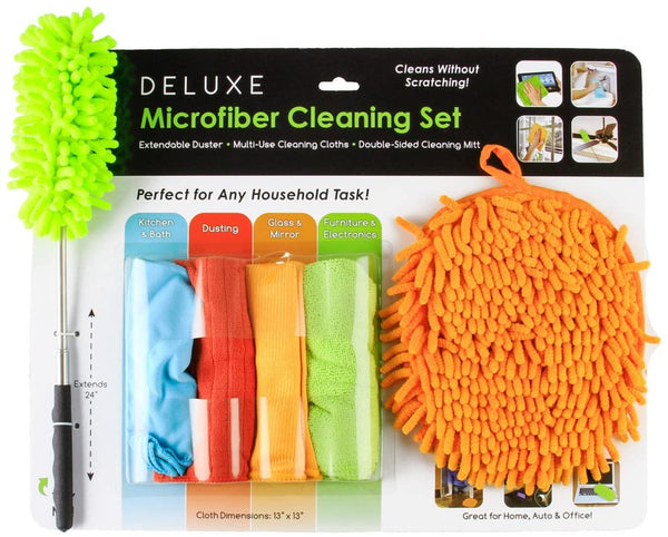 Deluxe Microfiber Cleaning Set! Cleans without scratching! Includes extendable duster, 4 cloths & double sided cleaning mitt!