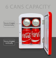 New Vintage Style Coca-Cola Classic Red Portable 6 Can Thermoelectric Mini Fridge Cooler/Warmer, 4 L/4.2 Quarts Capacity, 12V DC/110V AC for home, dorm, car, boat, beverages, snacks, skincare, cosmetics, medication