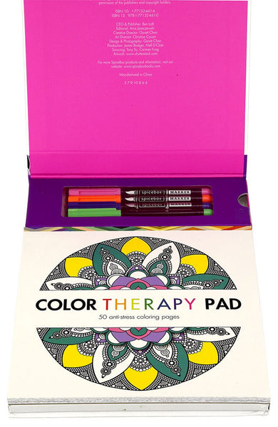 Coluor Therapy Pad! Includes 50 pages of anti-stress colouring patterns 5 brush-tipped, artist quality markers