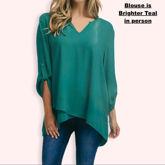 New with Tags! Women's Cristina B Layered Hem Blouse in Teal! Sz XL! Great for Summer