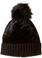 Steve Madden Women's Crushed Velvet Cuff Hat with Faux Fur Pom, Black!