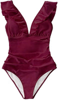 New with tags! CUPSHE Women's V Neck One Piece Swimsuit Ruffled Lace Up Monokini, Burgundy, Sz S