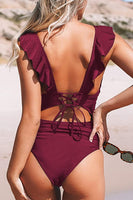 New with tags! CUPSHE Women's V Neck One Piece Swimsuit Ruffled Lace Up Monokini, Burgundy, Sz S