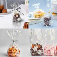 New 100PCS Bottom Gusset Clear Cellophane Treat Bags, Plastic Cookies Bags, Favor Bags with Metallic Twist Ties for Presenting Packaged Candy Popcorn Birthday Party, Bakery Candies Dessert, Little Daisy Pattern
