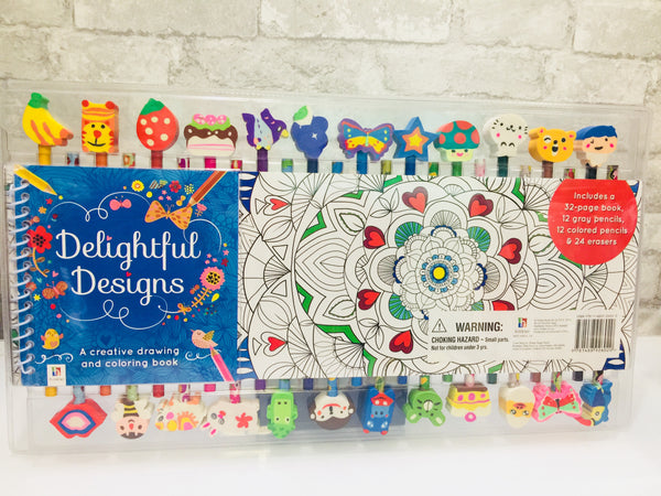 Brand new in package! Delightful designs drawing & colouring set! Includes 12 grey pencils, 12 colouring pencils, a 32 page drawing & colouring book & 24 funky erasers!