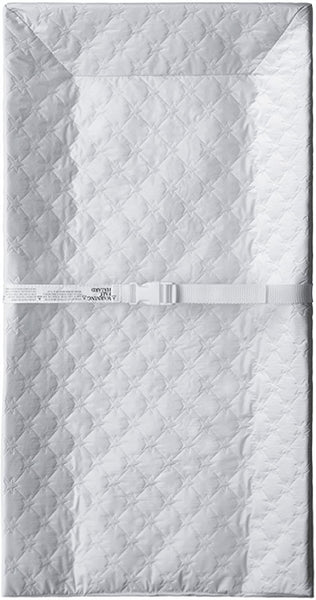 Delta Children 3-Sided Contour Changing Pad, White! With barriers on three sides and a safety belt, you can change your baby with peace of mind.