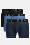 New in package! Men's DKNY 3-Pack Cotton Tech Boxer Briefs, Navy/Blue/Black, Sz M!