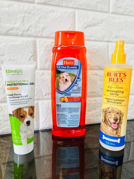New set of 3 Dog Products! Nutritional Gel, Flea & Tick Shampoo & Detangling Spray!