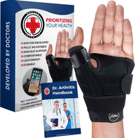 Doctor Developed Thumb Brace / Thumb splint /  Thumb Stabilizer for Men and Women -Registered Class I Medical Device & Doctor Written Handbook - For right and left hand, arthritis pain and support, tendonitis (Black), Retails $79+