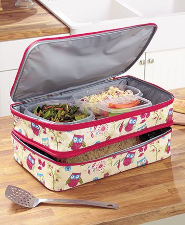 Double Casserole Insulated Hot Cold Dishes Carrier Carry Bag - Owl Print