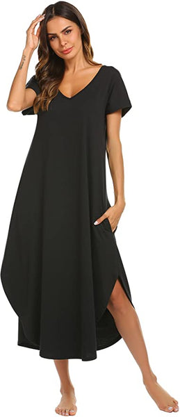 New with tags! Ekouaer Women's Sleepwear Casual V Neck Nightshirts Short Sleeve with pockets, Black, Sz S! Soft, Lightweight, relaxed fit!!