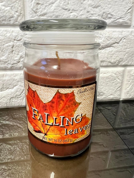 New Falling Leaves Glass Jar 16 Ounce Candle with lid!