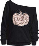 New Women Leopard Pumpkin Printed Off Shoulder Pullover Casual Graphic Fall Long Sleeve Lightweight sweater in Black, Sz S!