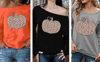 New Women Leopard Pumpkin Printed Off Shoulder Pullover Casual Graphic Fall Long Sleeve Lightweight sweater in Black, Sz S!