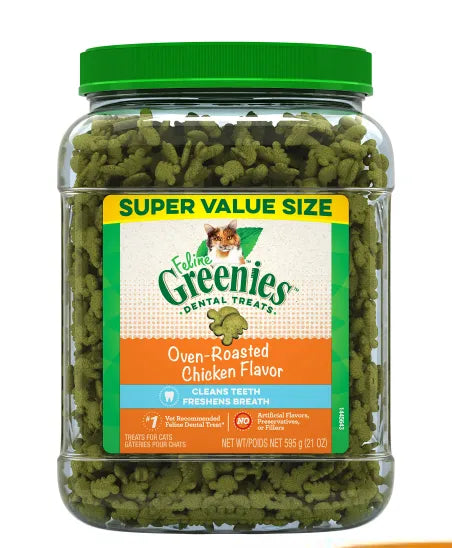 New Sealed Feline Greenies Dental Treats, oven roasted chicken Flavour! Super Value Size 21 Oz! BB:5/22