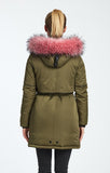 Brand new Frankie Mid Length Jacket with Drawstring Waist by Noize! Sz XS! Colour is Army/Pink!