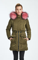 Brand new Frankie Mid Length Jacket with Drawstring Waist by Noize! Sz XS! Colour is Army/Pink!