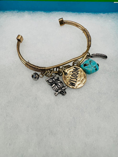 New Brass Finish Metal Adjustable Open Cuff Bracelet with Charms by Garbo! Includes Gift Box!