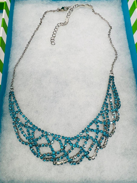 New Stunning Rhinestone Necklace in teal and silver finish by Garbo! Includes Gift Box!