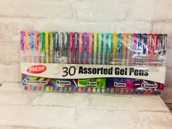 Brand new in Clear Carry bag! 30 Assorted Gel Pens! Includes: 6 Moonglow Neon, 6 Metallic, 6 Swirl, 6 Glitter & 6 Standard!