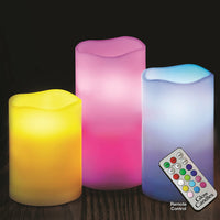 Glow Candles – Flameless Color-Changing Candles, 3 Battery-Operated LED Pillar Candles with Remote (Real Wax)