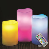 Glow Candles – Flameless Color-Changing Candles, 3 Battery-Operated LED Pillar Candles with Remote (Real Wax)