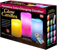 Glow Candles – Flameless Color-Changing Candles, 3 Battery-Operated LED Pillar Candles with Remote (Real Wax)