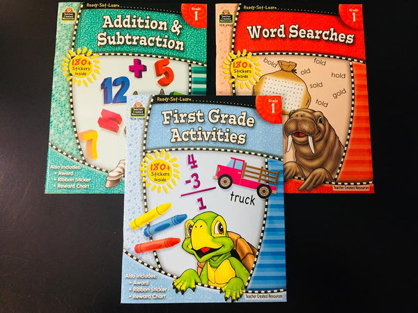 Brand new set of 3 Grade 1 Activity Books.  Each Book is 64 Pages and includes Award, Ribbon Sticker, Reward Chart & 180+ Stickers!