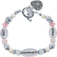 Granddaughter Silvertone 6' 'Love, Granddaughter, Always' Heart Toggle Pink & Blue Beads Stretch Bracelet in purple gift box!