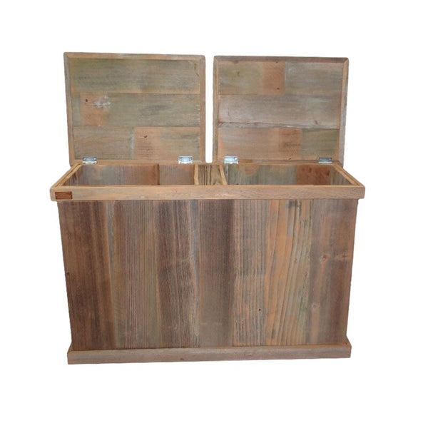 New Wayfair 26 Gallon Multi-Compartments Trash & Recycling Bin by Haggard Home, rom reclaimed wood to maintain its rustic look for years to come. Retails $309+
