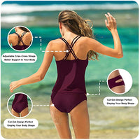 New HAIVIDO Women's V Neck Tankini Set Criss Cross Back Tankini Top with Bikini Bottom Two Piece Bathing Suit in Burgundy, Sz L! Retails $80+