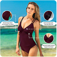 New HAIVIDO Women's V Neck Tankini Set Criss Cross Back Tankini Top with Bikini Bottom Two Piece Bathing Suit in Burgundy, Sz L! Retails $80+