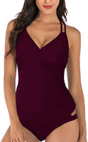 New HAIVIDO Women's V Neck Tankini Set Criss Cross Back Tankini Top with Bikini Bottom Two Piece Bathing Suit in Burgundy, Sz L! Retails $80+