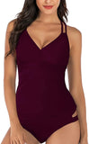 New HAIVIDO Women's V Neck Tankini Set Criss Cross Back Tankini Top with Bikini Bottom Two Piece Bathing Suit in Burgundy, Sz L! Retails $80+