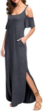 New HAOMEILI Women's Summer Casual Loose Long Dress Strapless Strap Cold Shoulder Short Sleeve Split Maxi Dresses with Pocket, Sz 2XL, fits true!